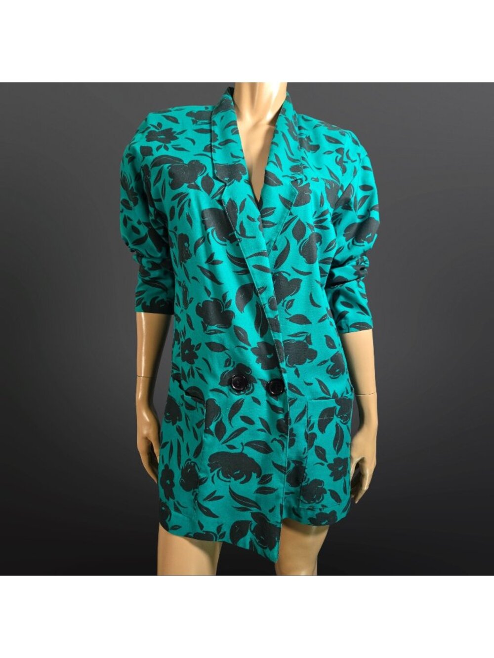 Vintage 80s Longline Double Breasted Blazer Size S Teal Black Floral Lightweight